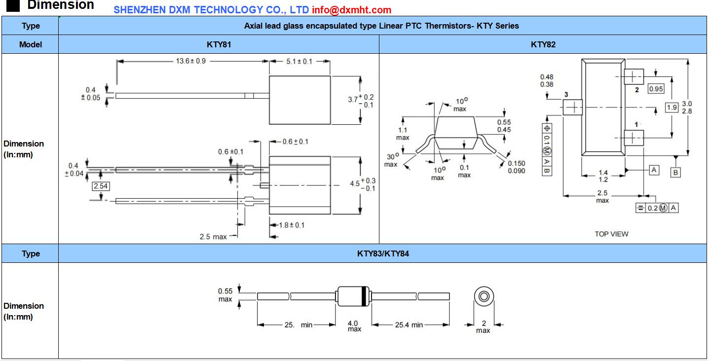 Line drawing of a linear ptc thermistor with dimensions and tolerances.  This diagram shows a  axial lead glass encapsulated type linear ptc thermistor, with detailed specifications for each model.