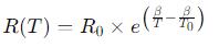 Mathematical formula showing the relationship between the resistance of a thermistor, temperature, and the B Value of Thermistor.