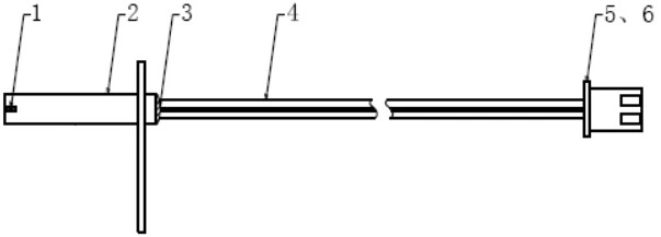 Line Drawing of a sensor de temperatura with labelled components:  1. Sensor, 2. 	Shell housing, 3.Resin, 4.Tempature Sensor cable, 5. Terminal, 6. Connector