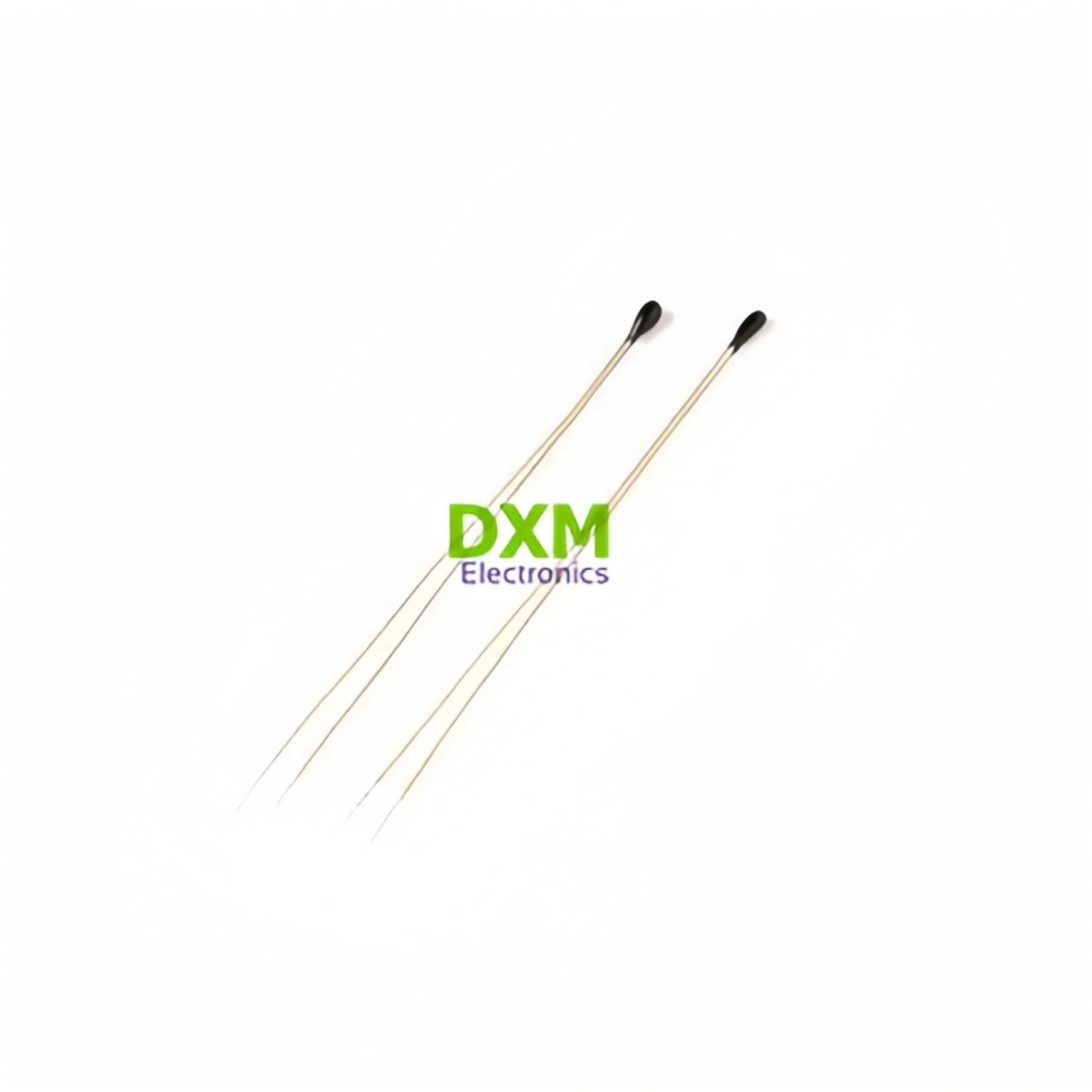 Two NTC Temperature Sensor Thermistor MF52E, The thermistors are thin, gold-colored wires with a black tip, on a white background.