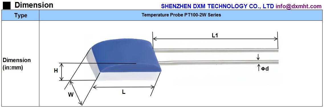 Diagram of dimensions for Temperature Probe PT100-2W Series, showing the measurements for length (L), width (W), height (H), diameter (d), and overall length (L1).