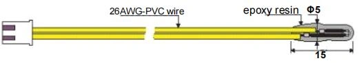 A diagram of a temperature probe, showing a 26AWG-PVC wire with epoxy resin and a 5mm diameter tip.It is refrigerator sensor and Air conditioning sensor.