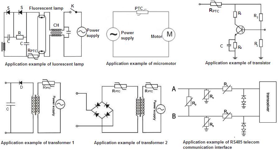 Diagram showing various applications for a termisor ptc, including fluorescent lamp, micromotor, transformer, and RS485 telecom communication interface.