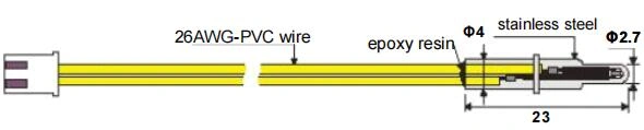 Diagram of a tempature sensor with 26 AWG-PVC wire, epoxy resin, and stainless steel..It is water kettle,coffee maker temperature sensor.