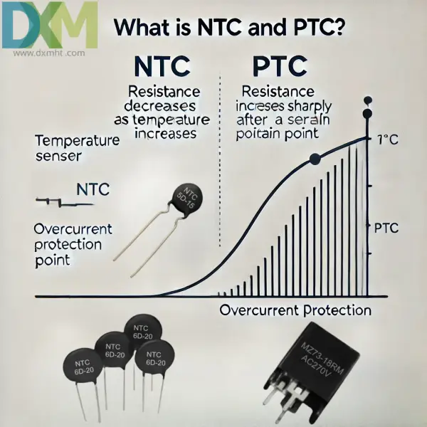 Diagram illustrating the differences between PTC and NTC thermistors, including their applications in temperature compensation and overcurrent protection.