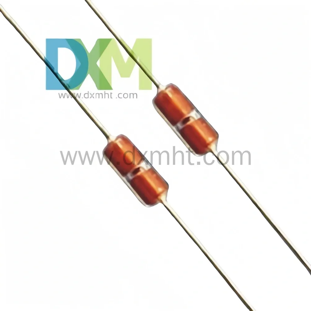 Two Glass mf58 Thermistors NTC with copper leads, isolated on a white background. - DXM