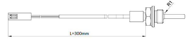 Line drawing of a Temp. Sensor,sensor de temperatura with a 300mm lead wire and probe.