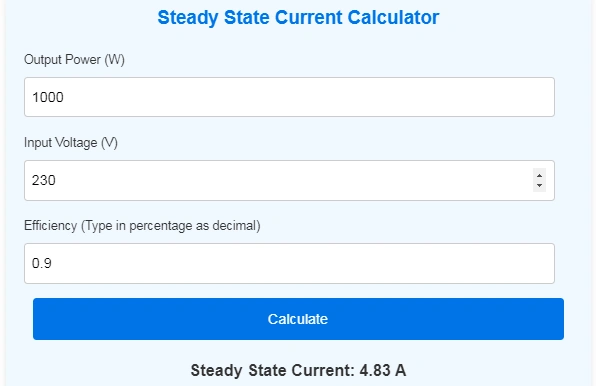 NTC Thermistors Inrush Current Calculation with Steady State Current Calculator, a web form to calculate steady state current with fields for output power, input voltage, efficiency and a calculate button.