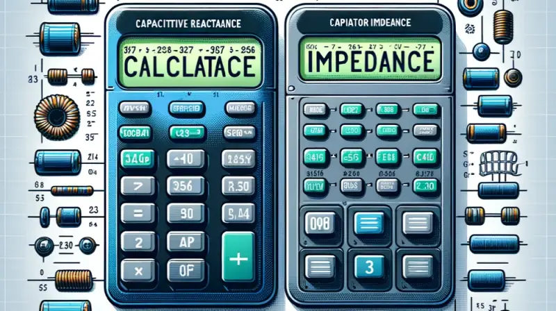 Illustration of two calculators side-by-side, one labeled "Capacitive Reactance Calculator" and the other "Capacitor Impedance Calculator".  The calculators are surrounded by drawings of capacitors.