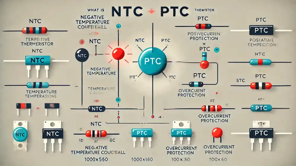 Diagram illustrating the differences between PTC and NTC thermistors, including their applications in temperature compensation and overcurrent protection.