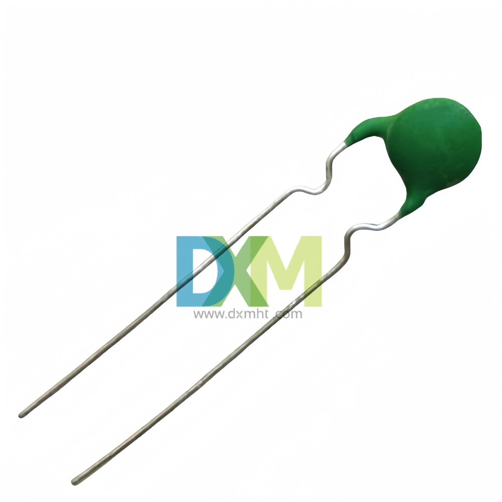 A green PTC termistor with two leads. This type of Termistor PTC is used for overload protection in circuits. It is commonly used in applications such as transformers,home appliances and motor protection.