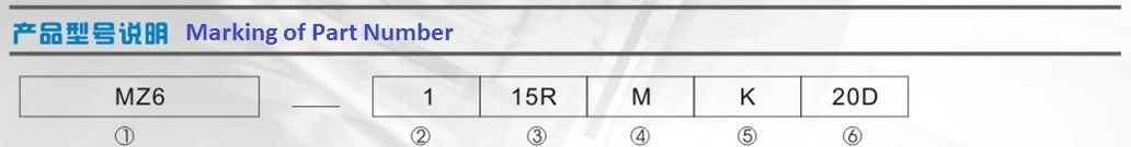 A close-up image of a Motor PTC Thermistor part number label with the following codes: MZ6, 1, 15R, M, K, and 20D.