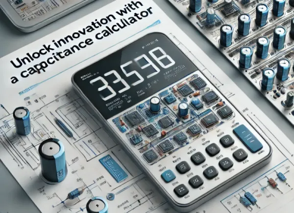 A Capacitance Calculator with a digital display showing 3358 and buttons with circuit board designs on them.  The Capacitance Conversion Calculator is on a sheet of paper with electronic schematics.