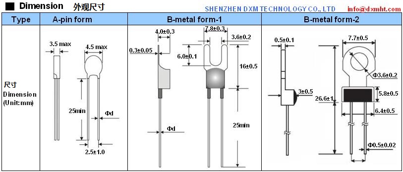 Dimensions of PTC Sensor thermistor MZ5 in A-pin form, B-metal form 1 and B-metal form 2.  This includes dimensions of length, width, and diameter.