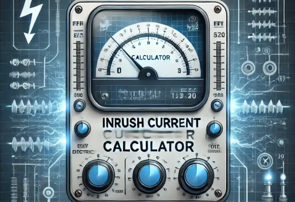 An illustration of an Inrush Current Calculator, a vintage-style device with dials and meters against a blue background.