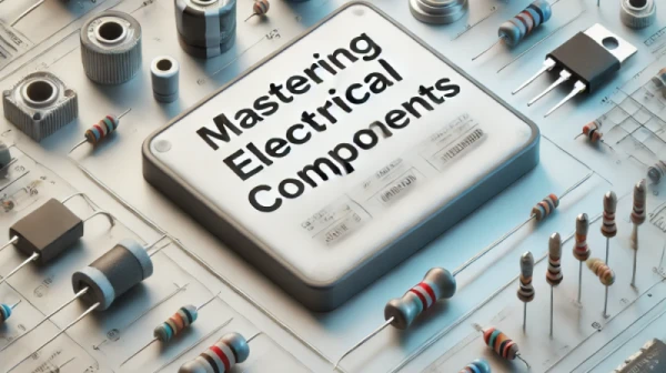 A professional and modern cover image for an electronics blog about electrical components. The image should feature an array of electrical component