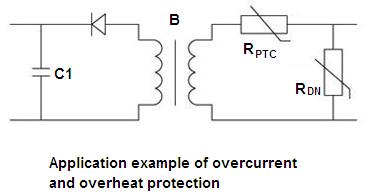 A schematic diagram illustrating the application of a Meter instrument overvoltage protection Thermistor PTC and a diode for overcurrent and overheat protection.