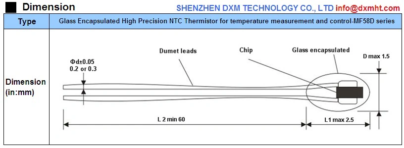 Diagram showing the dimensions of a Glass Encapsulated High Precision NTC Thermistor for temperature measurement and control.  The dimensions are labeled in millimeters.  This type of Glass NTC Thermistor is part of the MF58D series.