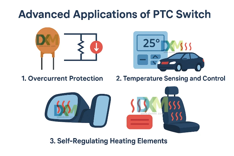 PTC thermal switch Resistors applications: overcurrent protection, temperature control.