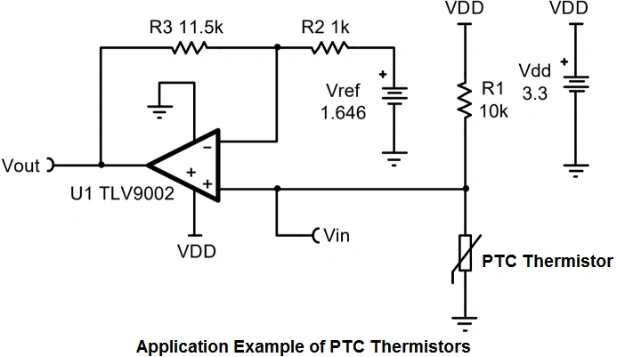 Application Example of PTC Thermistors: A circuit diagram showing a TLV9002 operational amplifier configured with resistors and a 10K PTC thermistor to measure temperature.