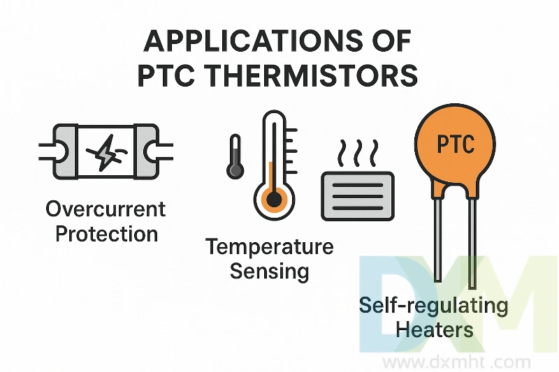PTC Thermistors applications: overcurrent protection, temperature sensing, heaters.