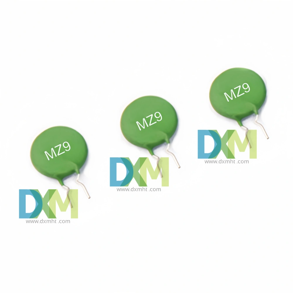 Three PTC Ceramic - MZ9 thermistors with leads and the logo of the DXM manufacturer.