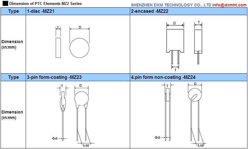 Dimensions of PTC Elements MZ2 Series made by DXM Quality Thermistor Inc.Including 1-disc, 2-encased, 3-pin form-coating, and 4-pin form non-coating.  Each with their own diagram.