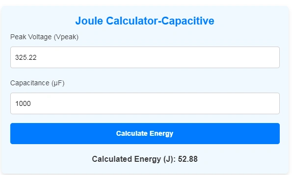 NTC Thermistors Inrush Current Calculation with Joule Calculator: A form to calculate energy with fields for peak voltage and capacitance. The result shows total energy in Joules.