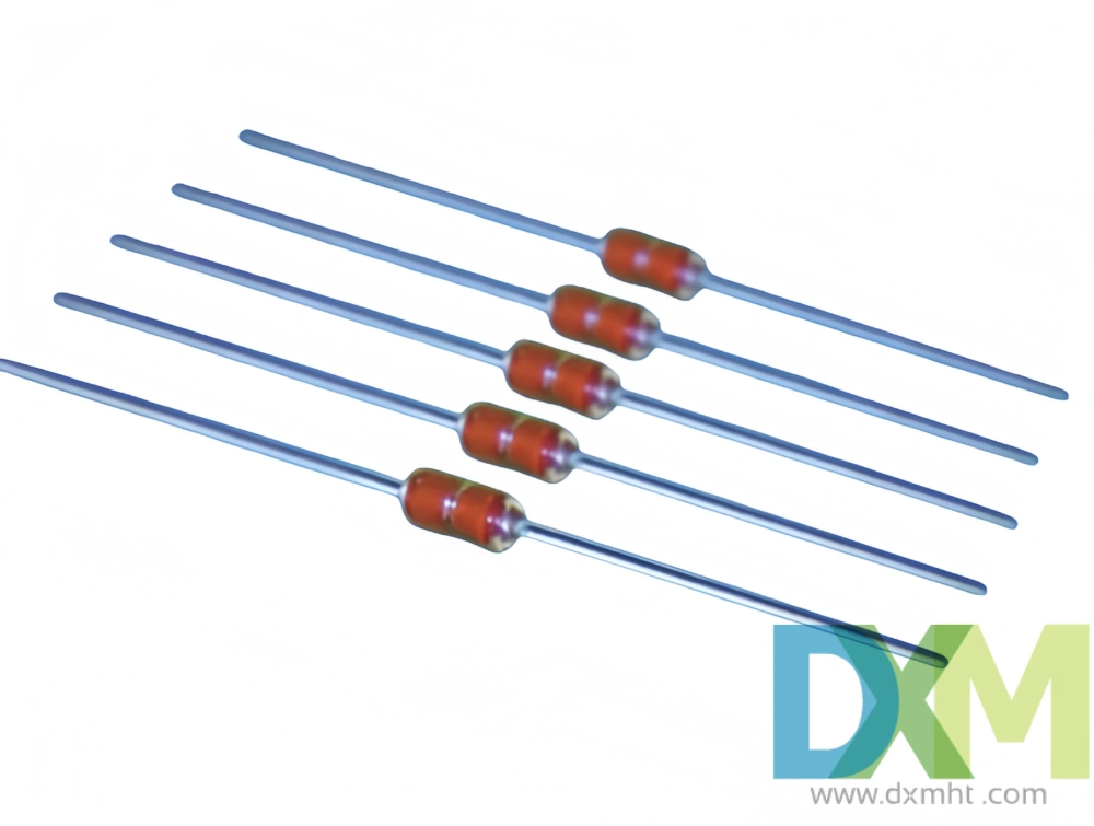 Five linear PTC thermistors, KTY83,KTY84-130, are laid out in a row on a white background.