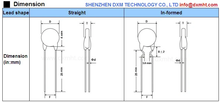 Diagram showing dimensions for a MF72 Thermistor Inrush Current limiter with both straight and in-formed lead shapes.