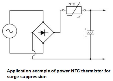 Diagram illustrating an application example of a 10D-9 NTC thermistor for surge suppression in a circuit.