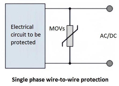 Diagram illustrating single-phase wire-to-wire protection using MOVs for an electrical circuit.