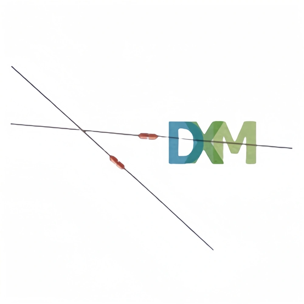 Two MF58 Glass Thermistor components with leads crossing each other.