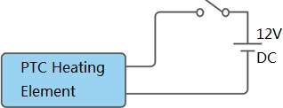Diagrama que muestra cómo funciona un elemento calefactor PTC en un circuito simple.