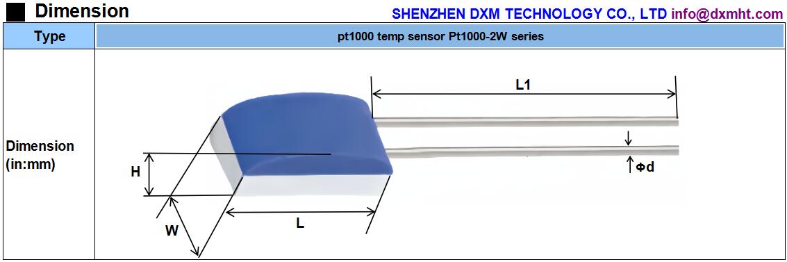 Line drawing showing dimensions of an RTD Sensor Pt1000-2W Temperature Sensing Probe.  The probe has a blue and white body, with two wires extending out from the end.