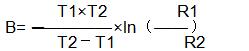 Formula for calculating the B value of thermistor for an mf72 5d15.The formula includes the temperatures T1 and T2 and the resistances R1 and R2.