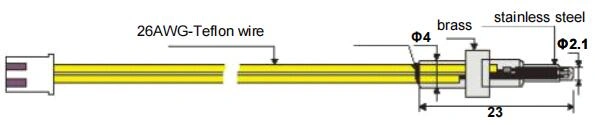 A line drawing of a temperature sensor. with a brass and stainless steel probe connected to a 26AWG-Teflon wire.It is water kettle and coffee maker temperature sensor.