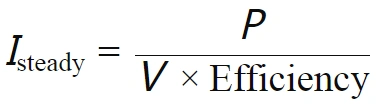 inrush current calculation formula: I = P / (V x Efficiency).  This formula calculates the steady-state inrush current.