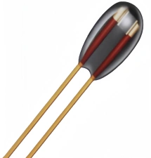 A Glass Negative Temperature Coefficient Resistor (NTC) with two leads extending from the glass encapsulated body. The NTC resistor is used for temperature sensing.