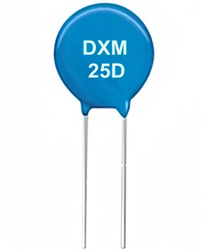 A blue 25D mov metal oxide varistor with the markings "DXM 25D" on the face.