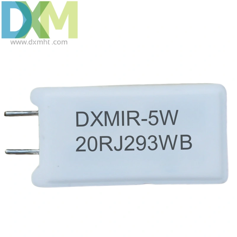 Close-up of a DXMIR-5W 20RJ293WB ceramic resistor.  The rectangular component is elfenbein with black markings, showing its model number and value.