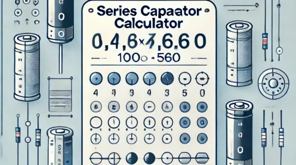 Illustration of a Capacitors in Series Calculator with a display showing a calculation. The calculator is stylized as an old-fashioned mechanical device.