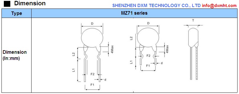 Line drawing of PTC Thermistor MZ71 series dimensions.  It includes dimensions for the diameter, lead length, and other features.