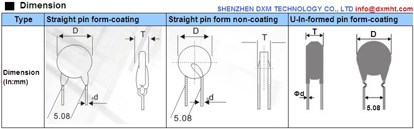 PTC Device dimension for RS232,RS485 protection, including straight pin form-coating, non-coating and U-In-formed pin form-coating.