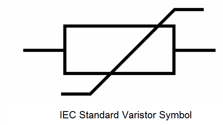 IEC standard varistor symbol, a black and white schematic diagram.  A rectangular shape with two diagonal lines going through it.  The lines connect to four leads extending from the sides of the symbol.