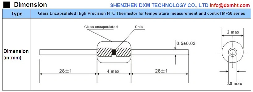 Dimensions of MF58 NTC Thermistor, a glass encapsulated high precision NTC thermistor for temperature measurement and control.  The drawing shows the dimensions of the thermistor, including the length, width, and diameter of the chip.