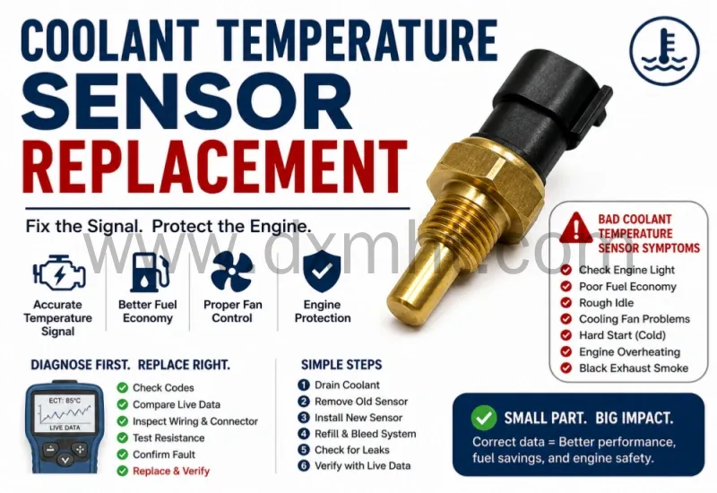 Guide for coolant temperature sensor replacement and bad coolant temperature sensor symptoms. - DXM