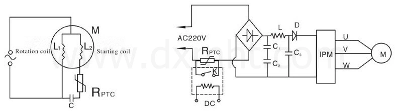 PTC Motor Starter mz6 application circuit diagram with a motor connected to a power supply and a starting coil.