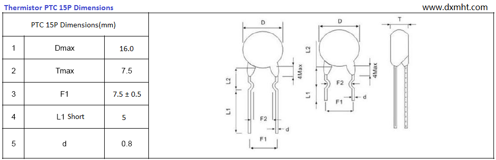 Diagram showing the dimensions of a 15P thermistor ptc,with overload protection. The diagram shows the dimensions of the PTC 15P, including the diameter, height, and lead spacing.