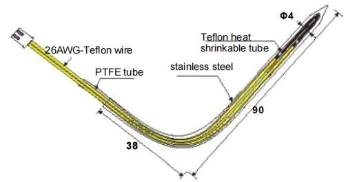 Diagram showing the construction of a Temp Sensor for Barbecue Fork, Deep Fryer, featuring a PTFE tube, Teflon heat shrinkable tube and stainless steel.